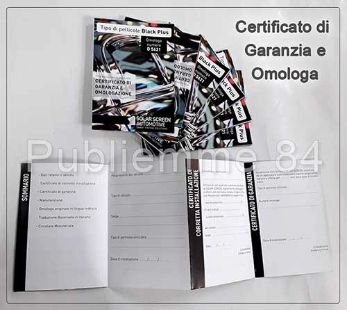 Libretto di Garanzia e Omologazione pellicole vetri auto Pellicole oscurati per auto, libretto di Garanzia e Omologazione